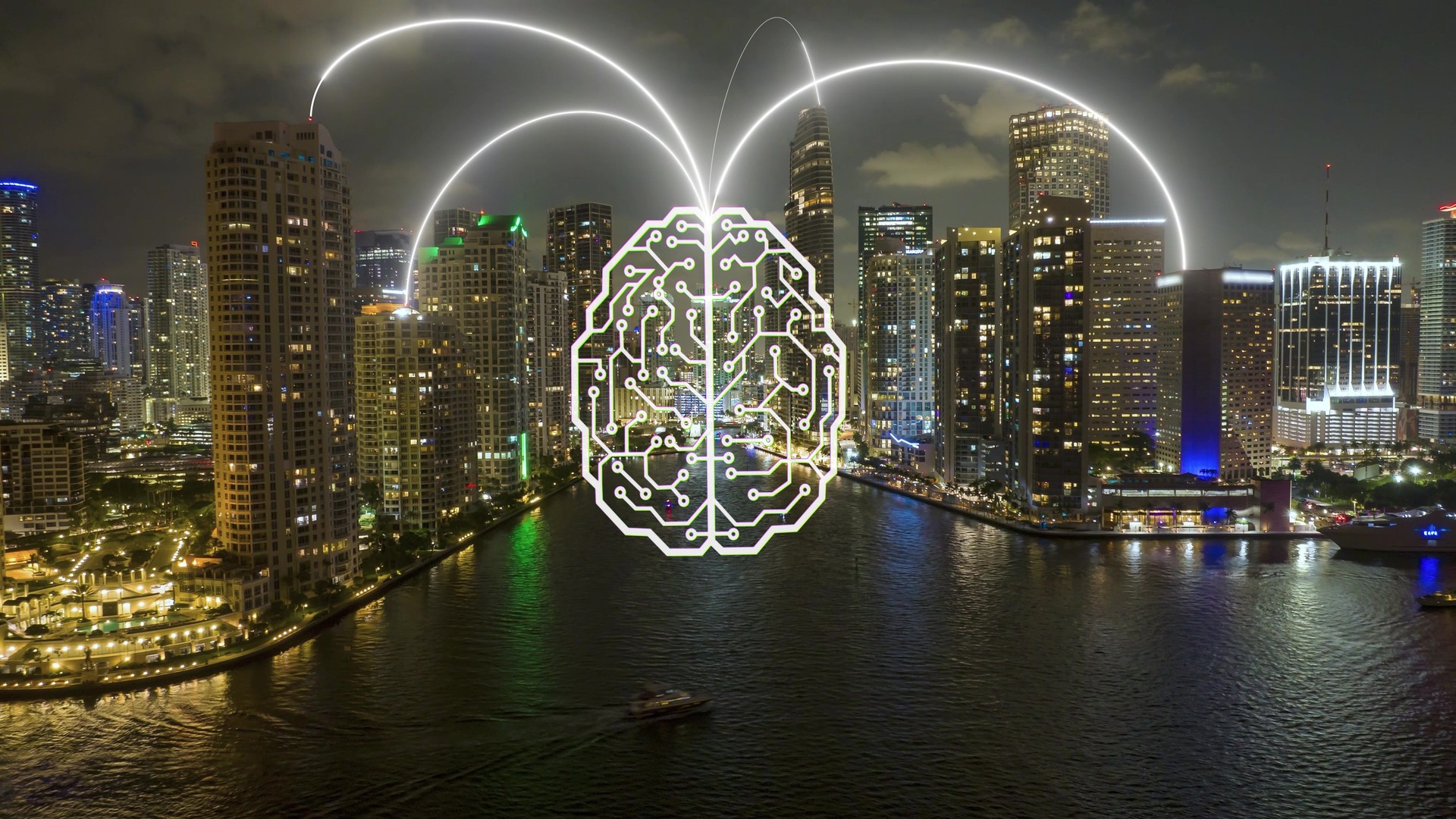 AI powered smart city concept with glowing digital brain overlay. Communication lines connect people in buildings